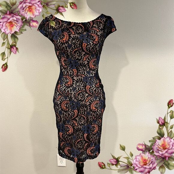 Mystic Black and Orange lace Sheath Midi Dress with Cap Sleeves size extra small - Picture 1 of 13